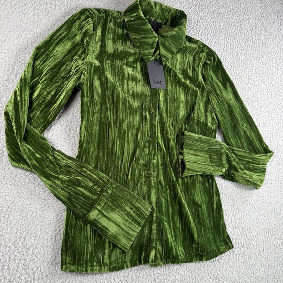 NBD Top Womens XS Green Button Up Velour Long Sleeve 70s Boho Hippie Career NWT - Picture 2 of 13